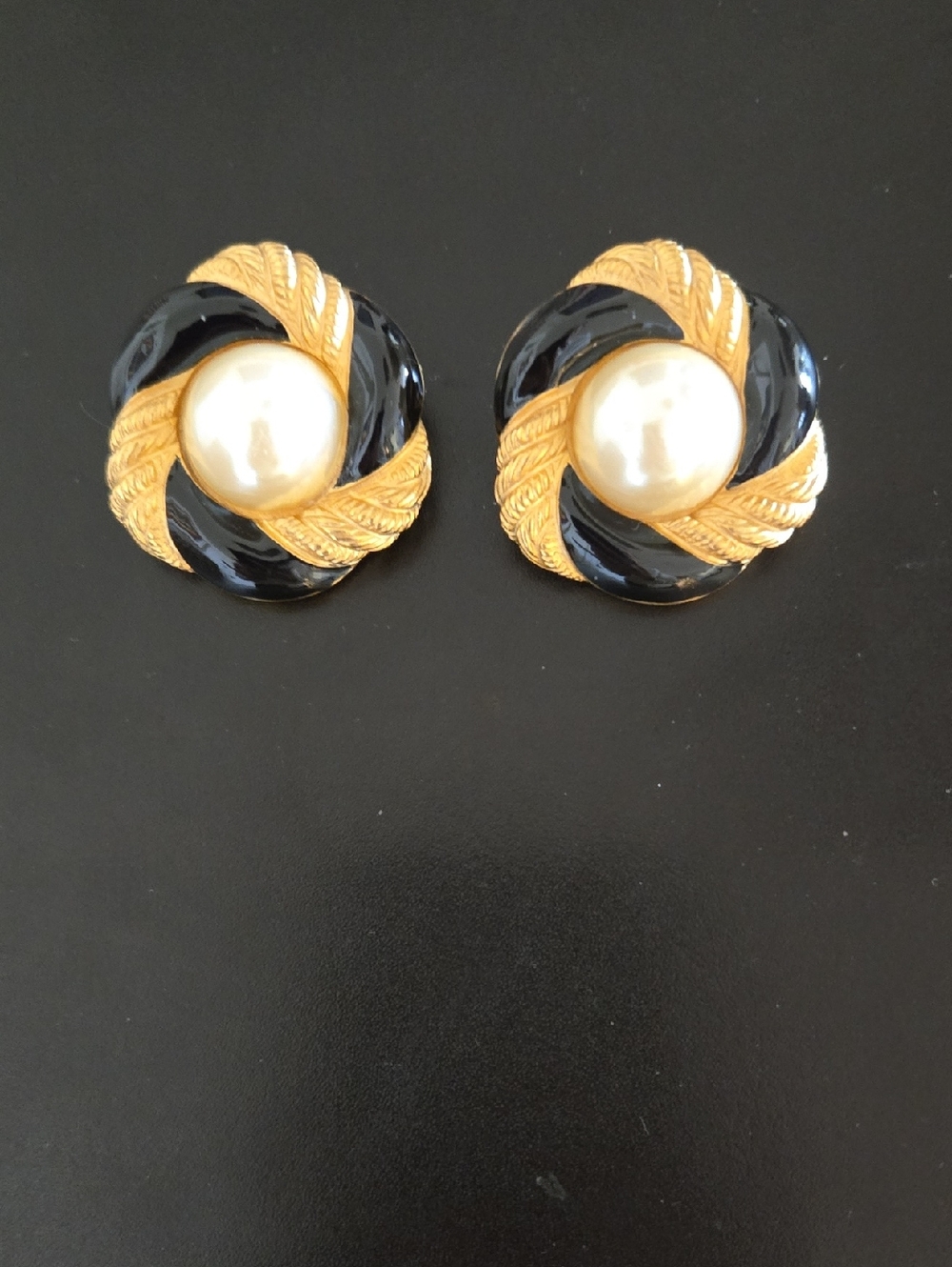 Gold-Tone Black Enamel Pearl Center Clip-On Earrings